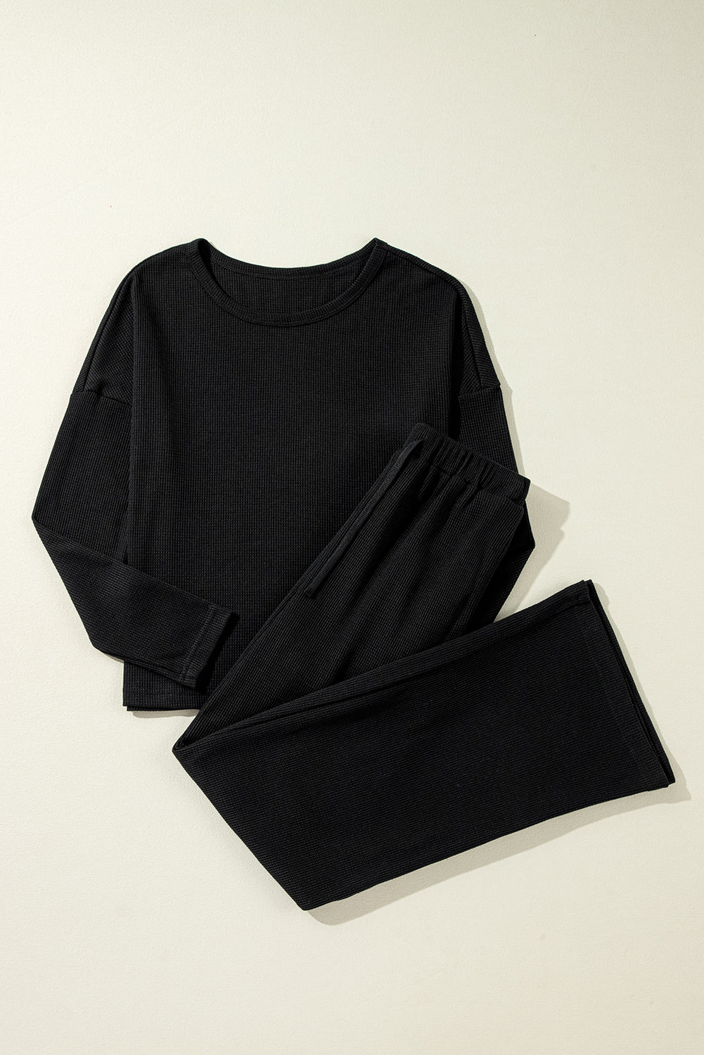 Black Textured Long Sleeve T Shirt and Pants Lounge Set - Little Miss Vanilla