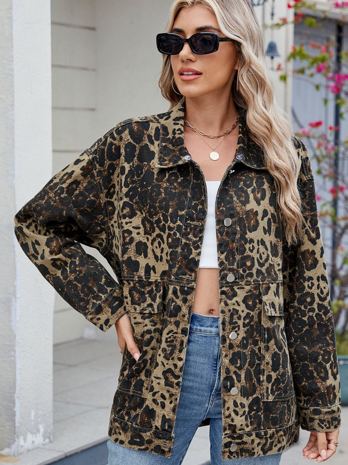 Leopard Button Up Drop Shoulder Denim Jacket - Little Miss Vanilla