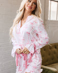 Pink Satin Bow Bell Sleeve Shirt and Ruffled Shorts Pajama Set