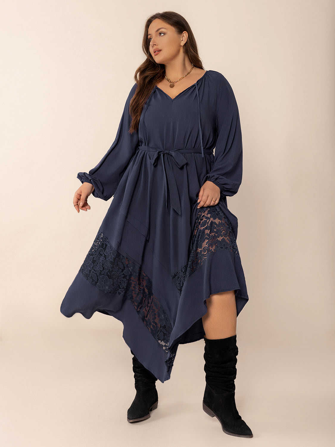 Plus Size Lace Detail Tie Neck Long Sleeve Midi Dress - Little Miss Vanilla