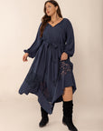 Plus Size Lace Detail Tie Neck Long Sleeve Midi Dress - Little Miss Vanilla