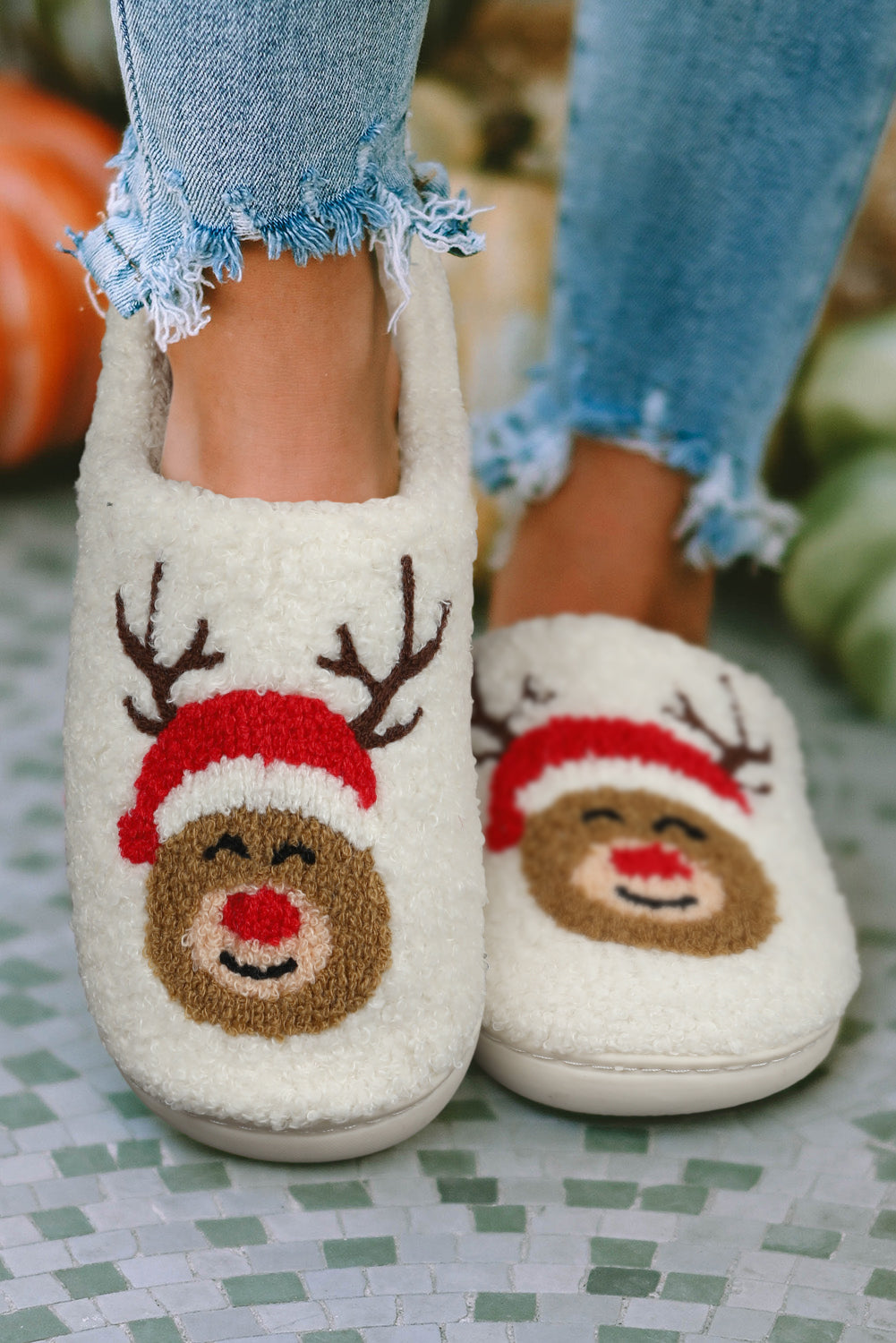 White Christmas Deer Home Indoor Plush Slippers - Little Miss Vanilla