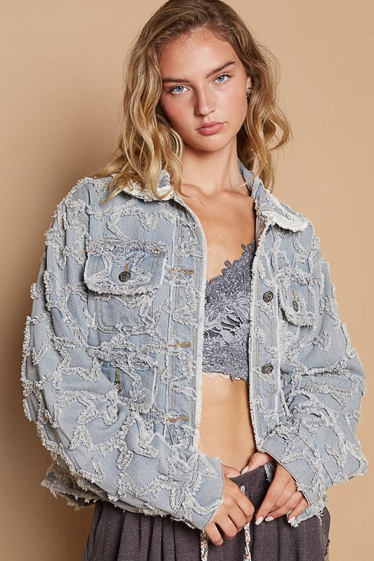 POL Star Textured Raw Hem Long Sleeve Denim Jacket - Little Miss Vanilla