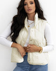 Beige Quilted High Neck Button Up Pocket Vest Coat - Little Miss Vanilla