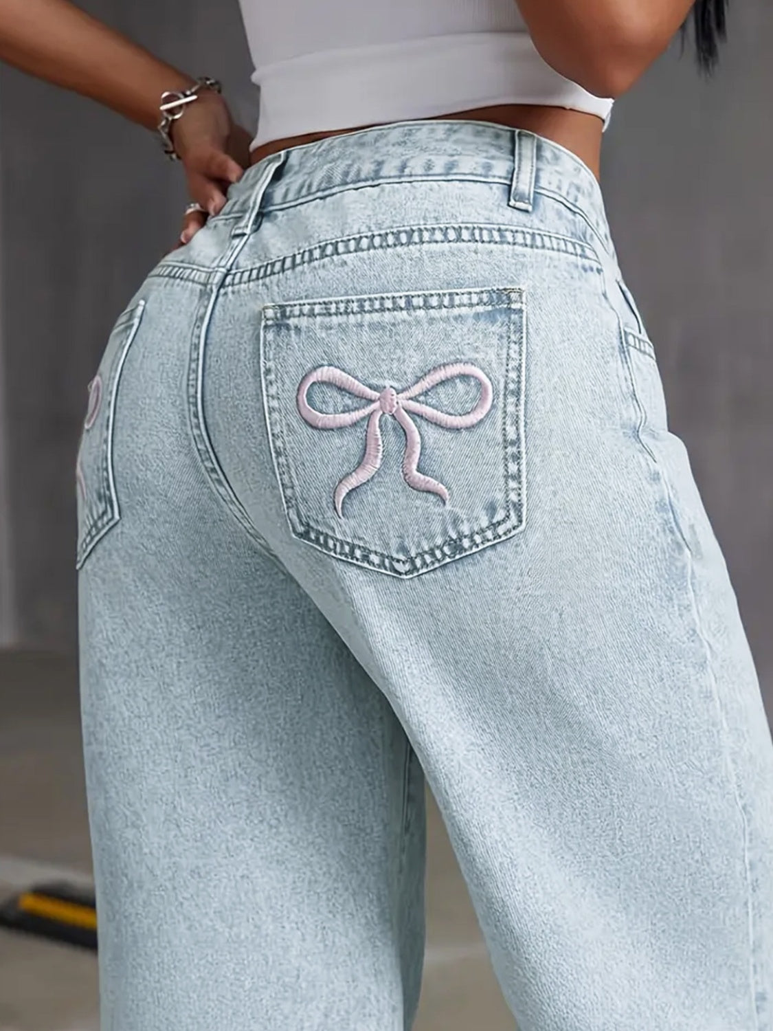 Bow Back Wide Leg Jeans with Pockets - Little Miss Vanilla