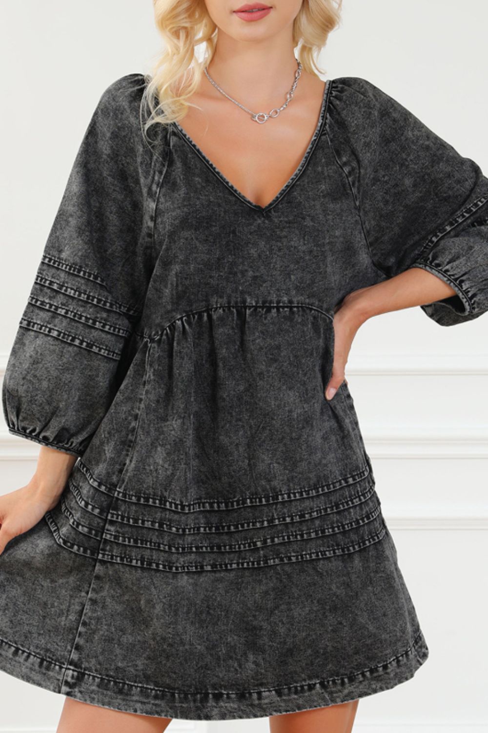 V-Neck Three Quarter Sleeve Denim Dress - Little Miss Vanilla