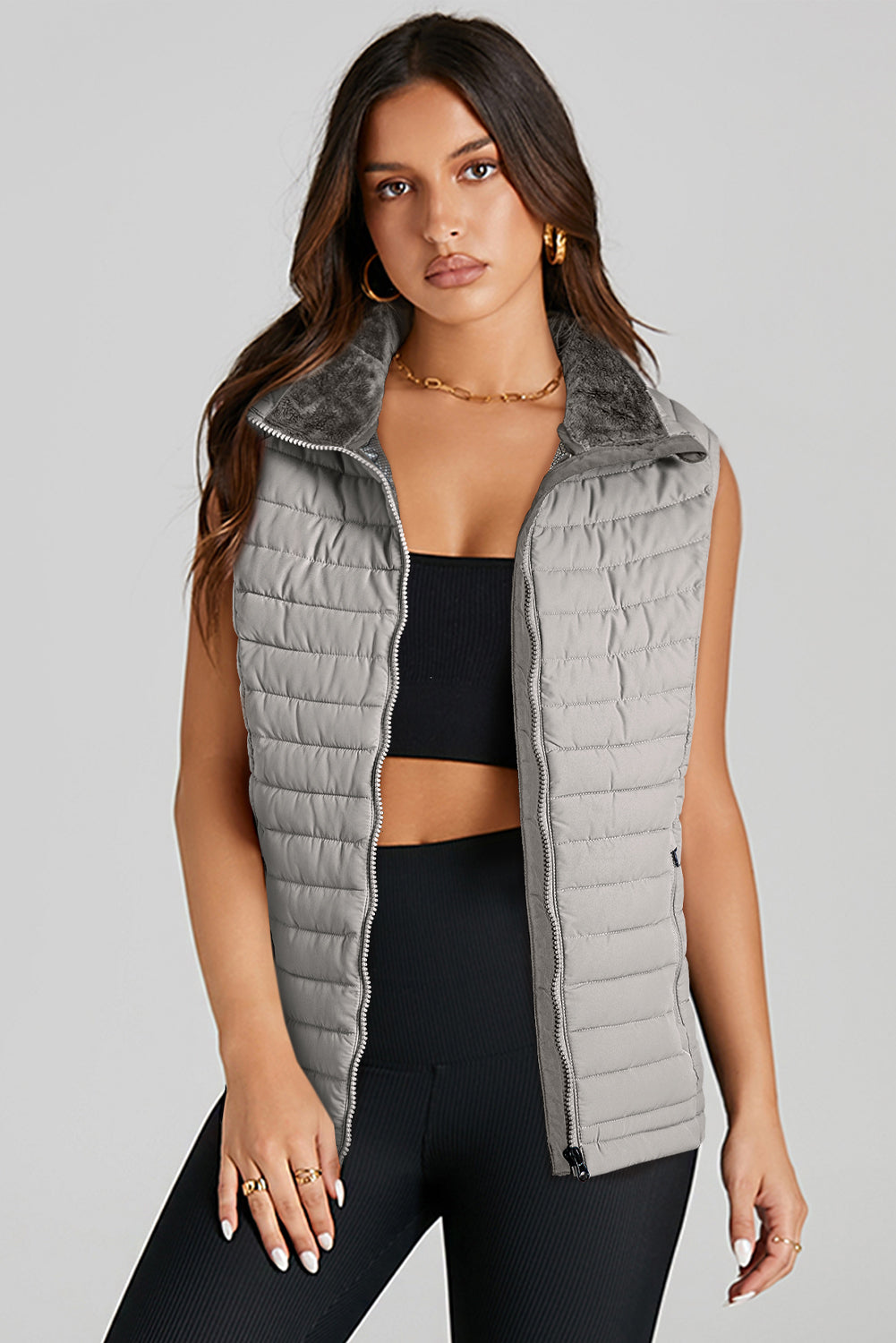 Silvery Plush Collared Quilted Zipped Puffer Vest - Little Miss Vanilla