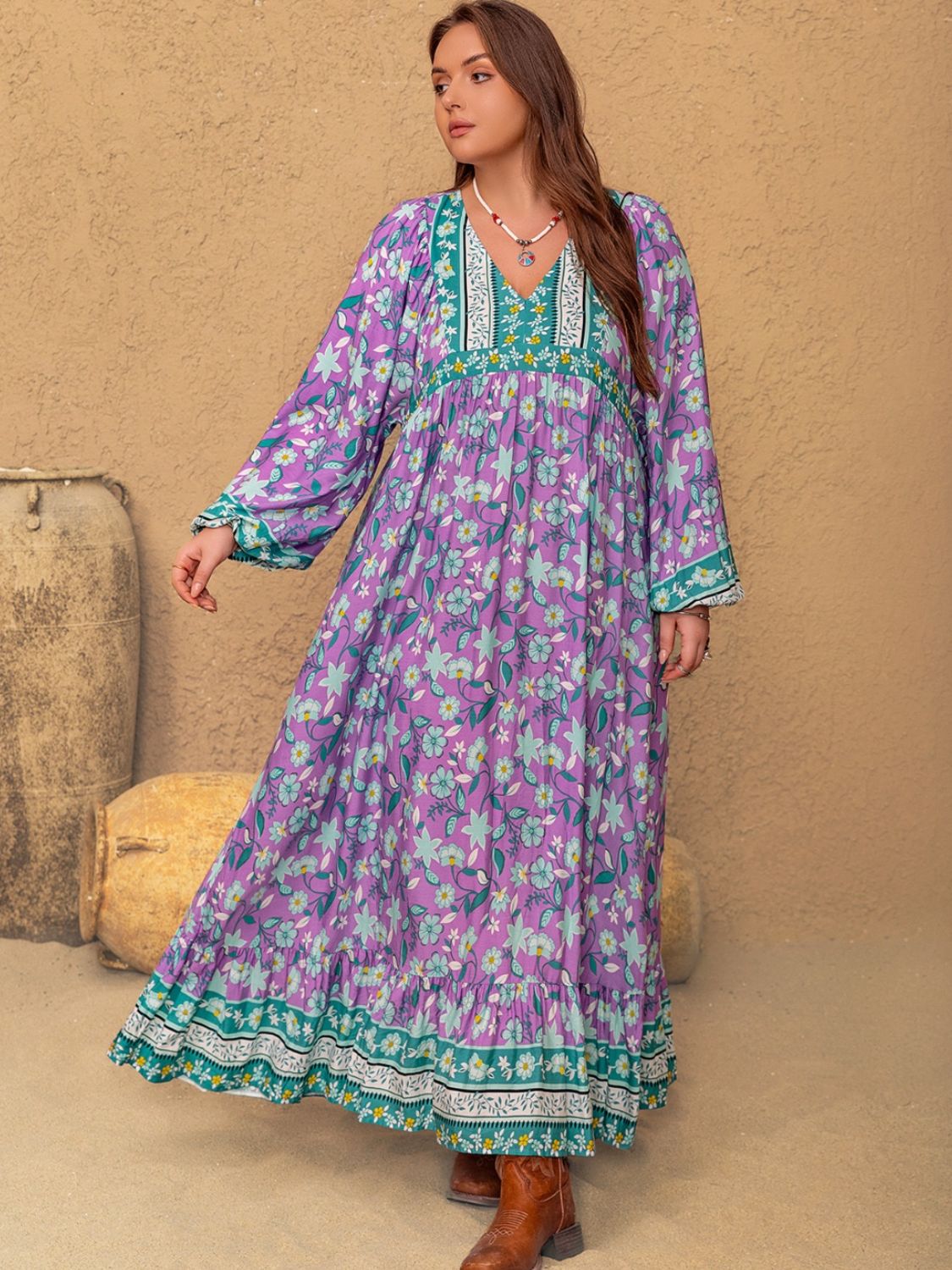 Plus Size Printed V-Neck Long Sleeve Maxi Dress - Little Miss Vanilla