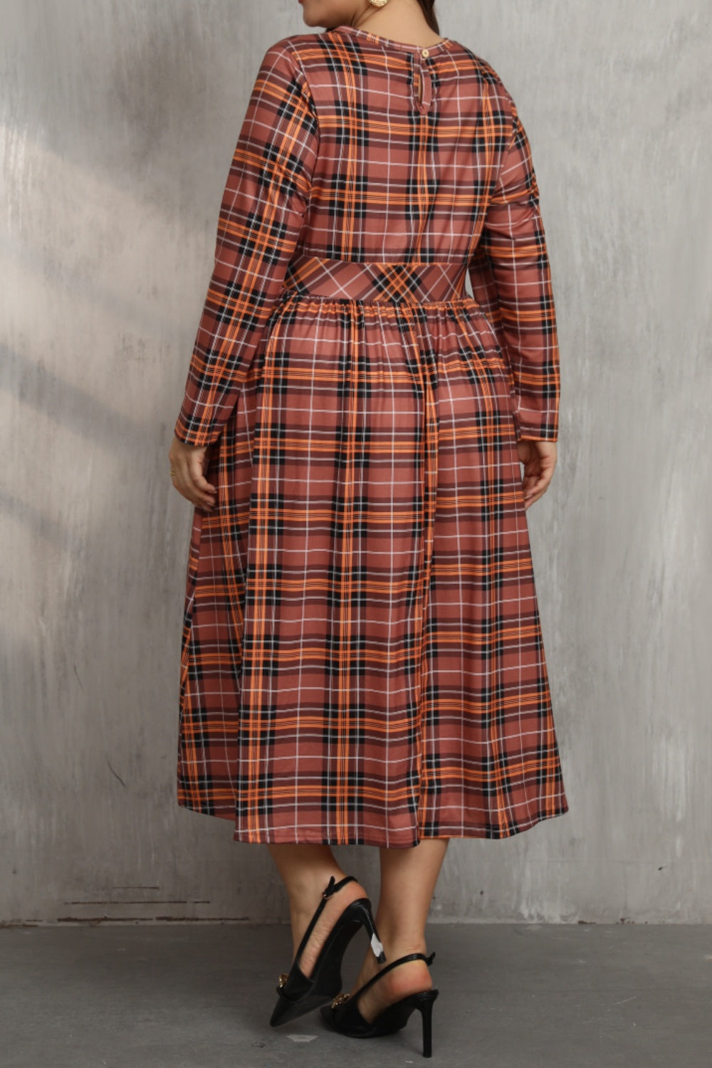 Plus Size Plaid Round Neck Long Sleeve Midi Dress - Little Miss Vanilla