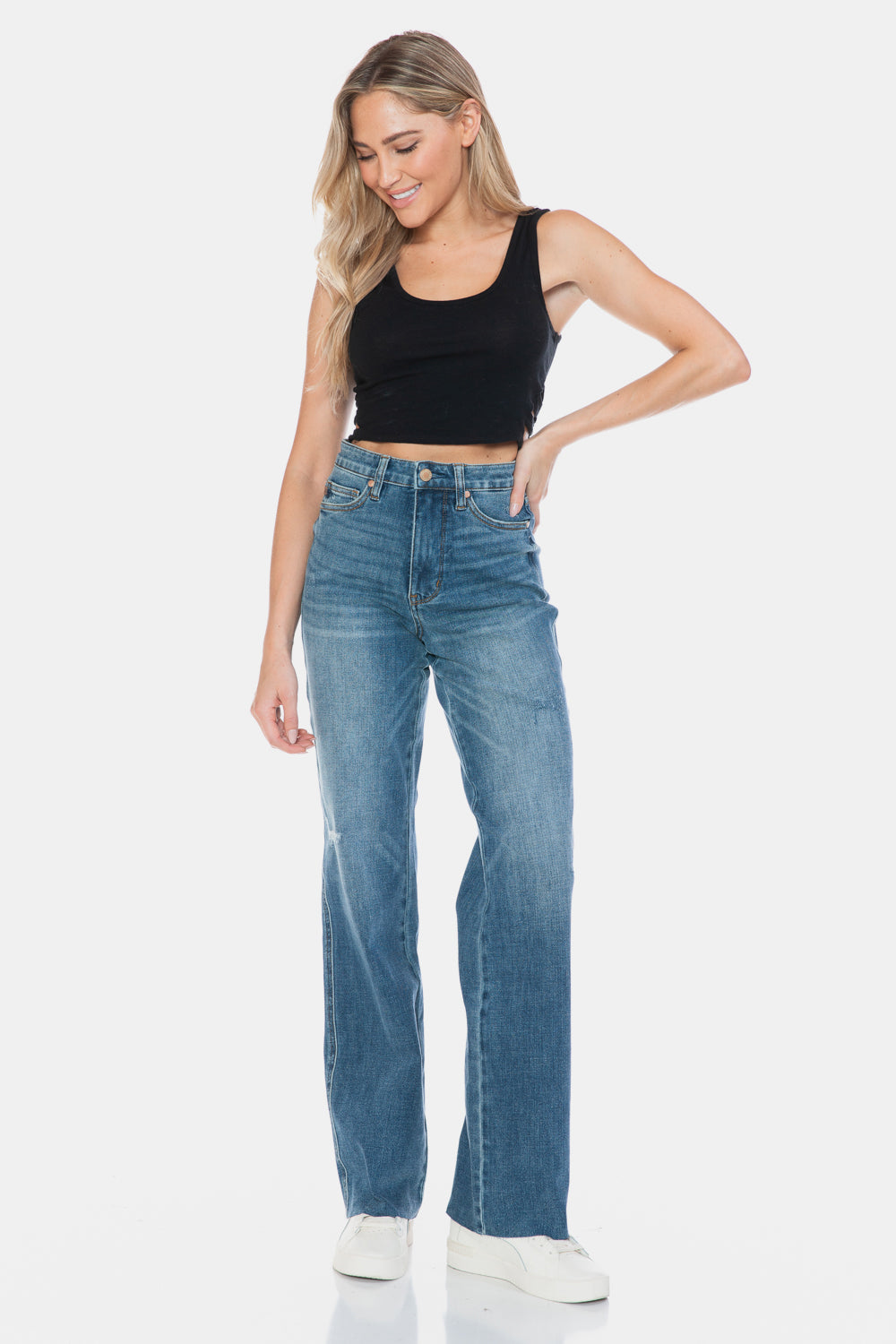 Judy Blue Full Size Tummy Control Cut Raw Hem Straight Jeans - Little Miss Vanilla