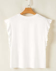 Back view of a white women's ruffled tank top hanging on a wooden hanger, showcasing a simple and elegant design.