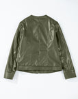 Sage Green Solid Faux Leather Zipper Slim Fit Bomber Jacket