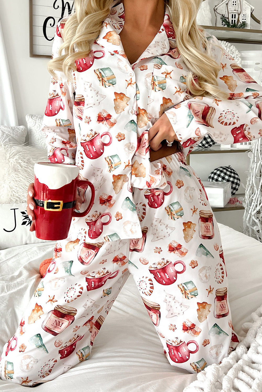 White Christmas Pattern Long Sleeve Shirt and Pants Pajama Set - Little Miss Vanilla