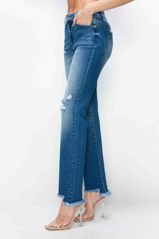 bytos Full Size Raw Hem Distressed Mid Rise Straight Jeans - Little Miss Vanilla