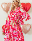 Red Floral Print High Waist V Neck Babydoll Mini Dress - Little Miss Vanilla