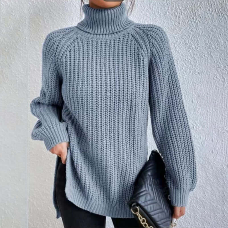 Turtleneck Pullover Sweater With Split Design Fashion Simple Solid Color Long Sleeve Tops Women&#39;s Clothing