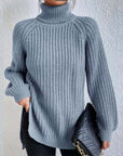 Turtleneck Pullover Sweater With Split Design Fashion Simple Solid Color Long Sleeve Tops Women's Clothing