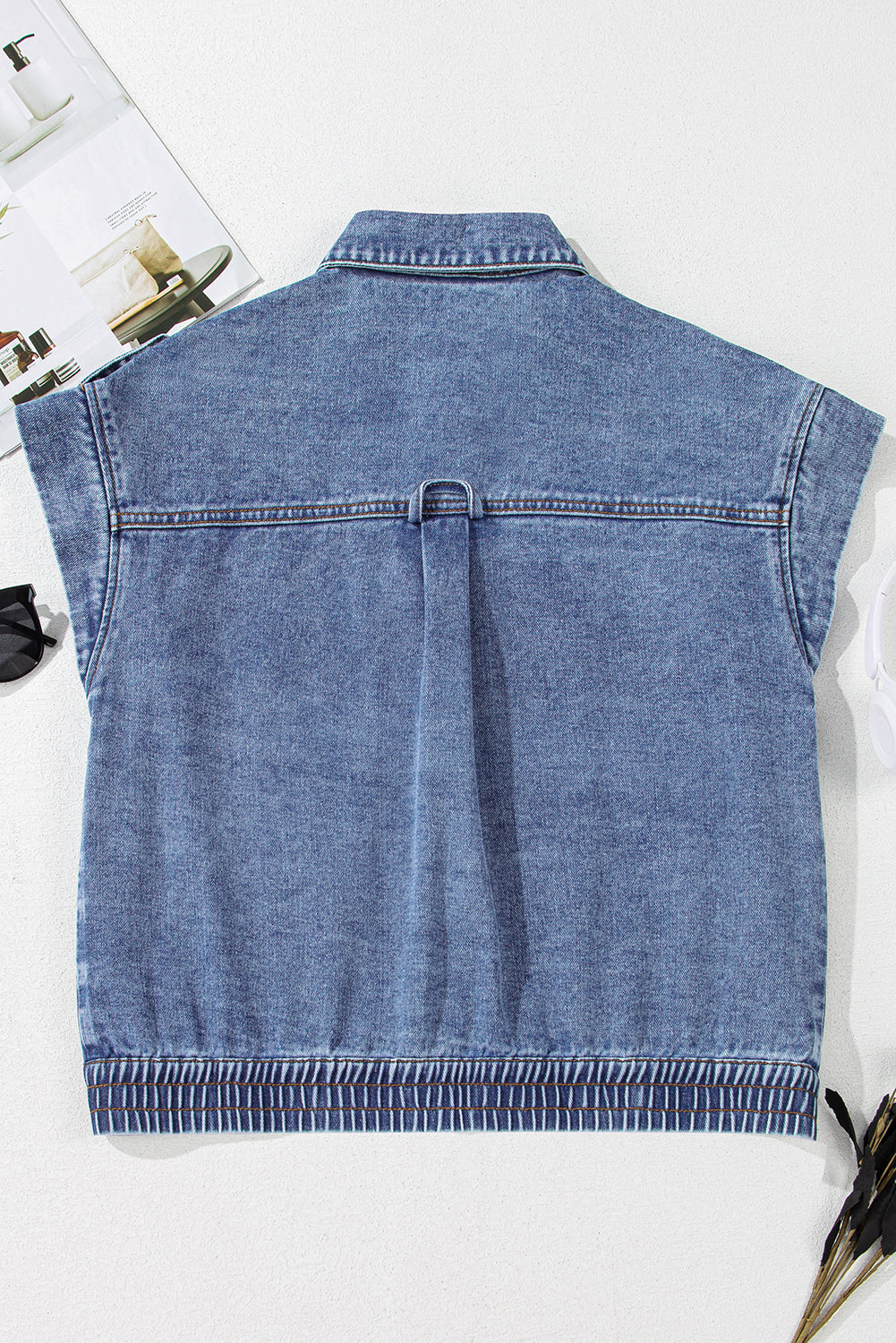 Ashleigh Blue Acid Wash Elastic Hem Button Up Denim Vest - Little Miss Vanilla