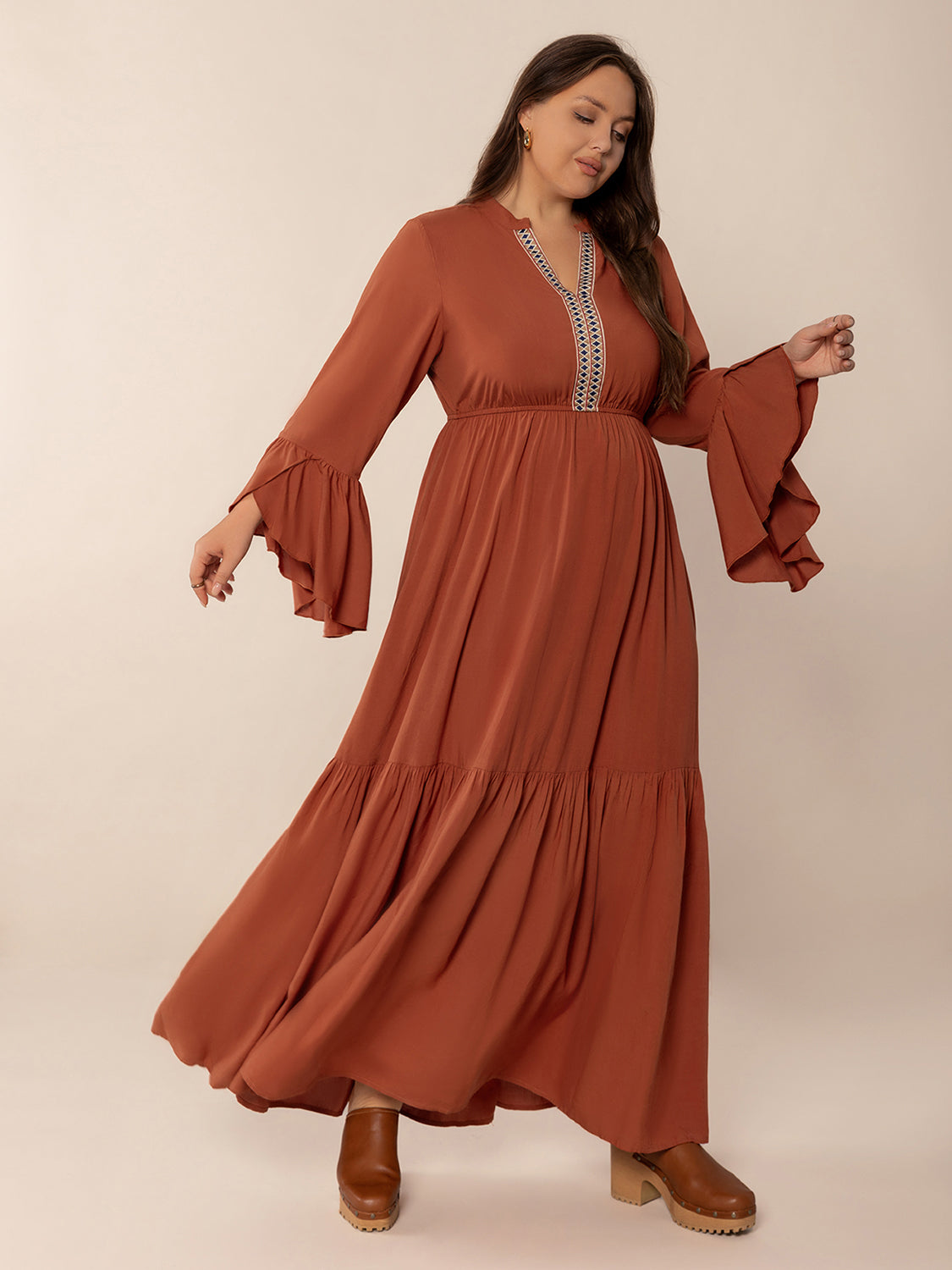 Plus Size Ruffled Notched Long Sleeve Midi Dress - Little Miss Vanilla