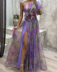 Mesh Tie-dye Printed Off-shoulder Slit Dress Summer INS Fashion Long Dress Party Womens Clothing