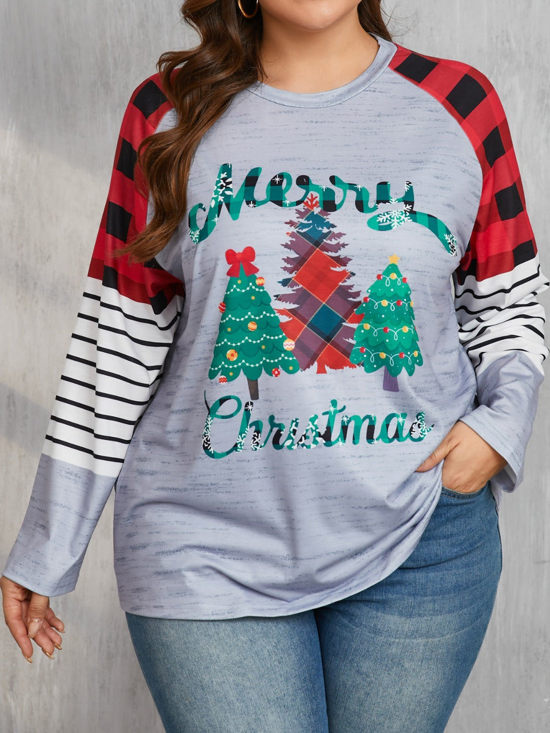 Plus Size Christmas Tree Plaid Round Neck Long Sleeve T-Shirt - Little Miss Vanilla