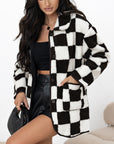 Black Checkered Side Pockets Collared Buttoned Fleece Jacket