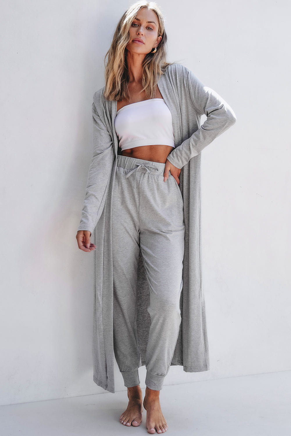 Light Grey Split Long Cardigan and Skinny Pants Lounge Set - Little Miss Vanilla