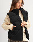 Black Corduroy Stand Neck Zipped Puffer Vest