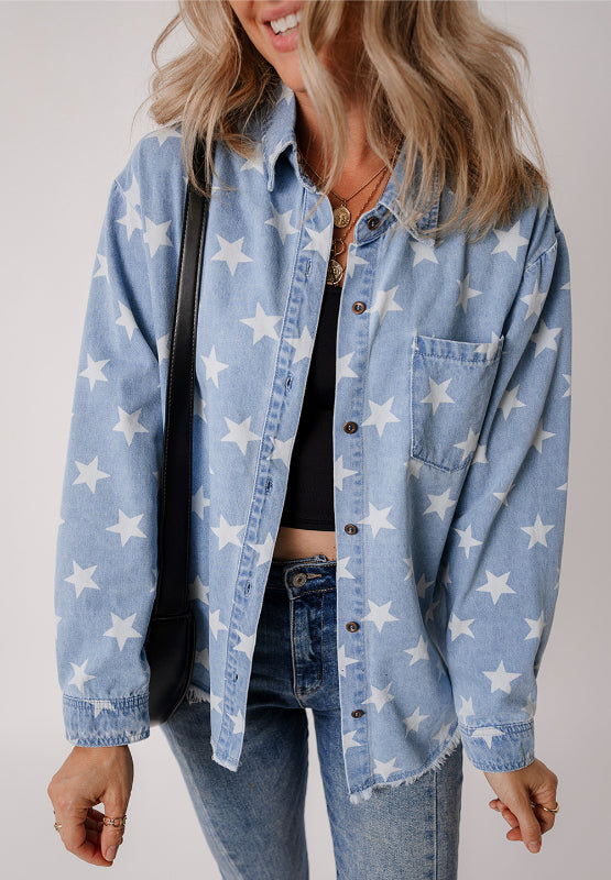 Raw Hem Star Collared Neck Denim Top - Little Miss Vanilla