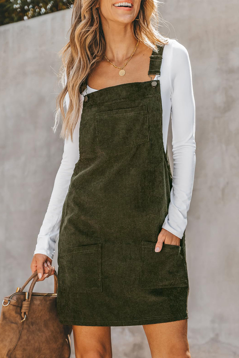 Vineyard Green Solid Front Pockets Sleeveless Corduroy Overall Dress - Little Miss Vanilla