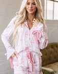 Pink Satin Bow Bell Sleeve Shirt and Ruffled Shorts Pajama Set