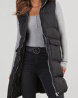 Black Windproof Longline Full Zipper Puffer Vest with Pockets - Little Miss Vanilla