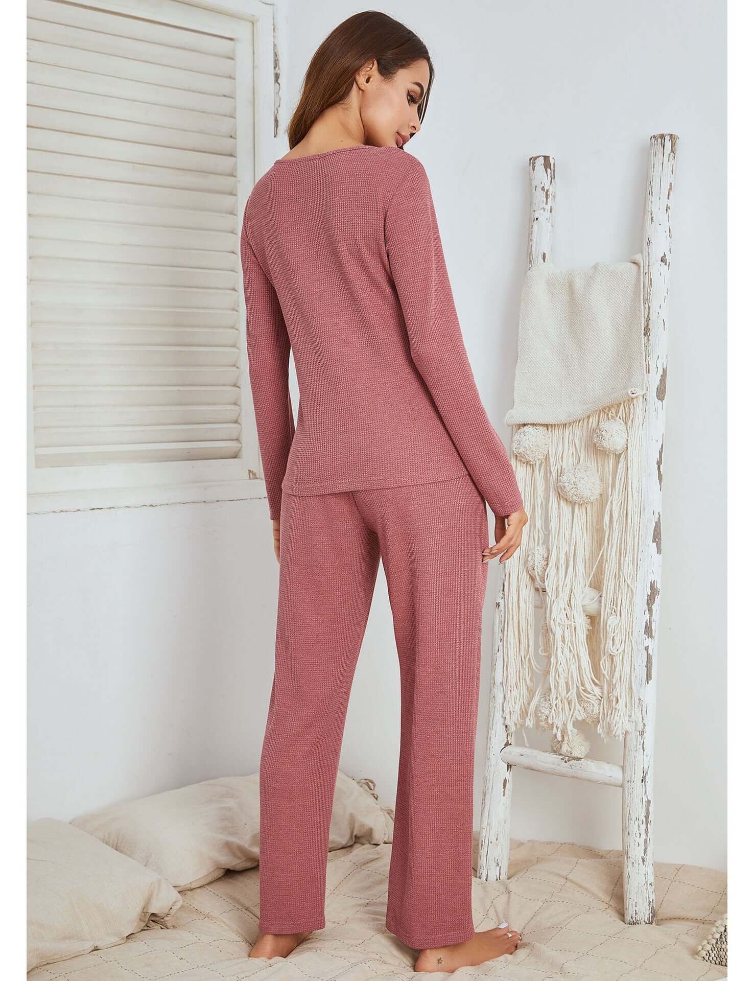 Waffle long sleeve pajamas suit for women in cameo red, showcasing the back view, perfect for home and outdoor comfort.