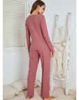 Waffle long sleeve pajamas suit for women in cameo red, showcasing the back view, perfect for home and outdoor comfort.