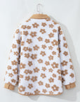 Light French Beige Cute Flower Pattern Button Up Fleece Jacket