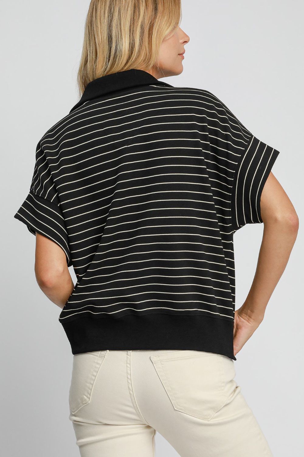 Umgee Striped Half Zip Short Sleeve Sweatshirt - Little Miss Vanilla