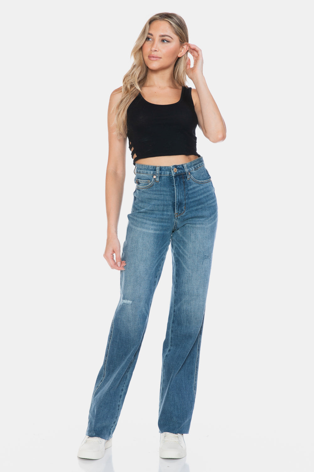 Judy Blue Full Size Tummy Control Cut Raw Hem Straight Jeans - Little Miss Vanilla