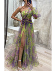 Mesh Tie-dye Printed Off-shoulder Slit Dress Summer INS Fashion Long Dress Party Womens Clothing