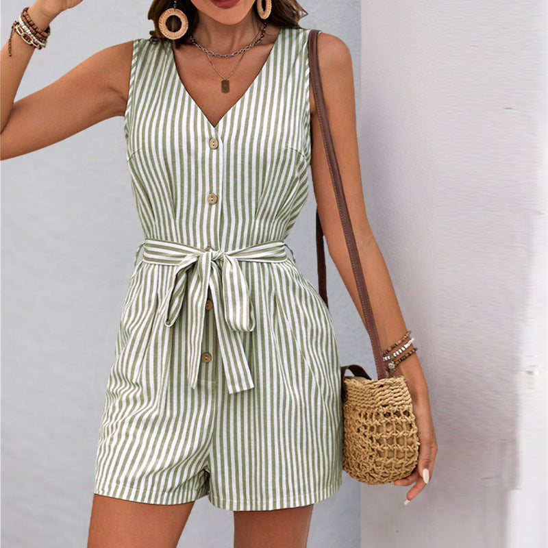 Fashion Jumpsuit V-neck Sleeveless Striped - Little Miss Vanilla