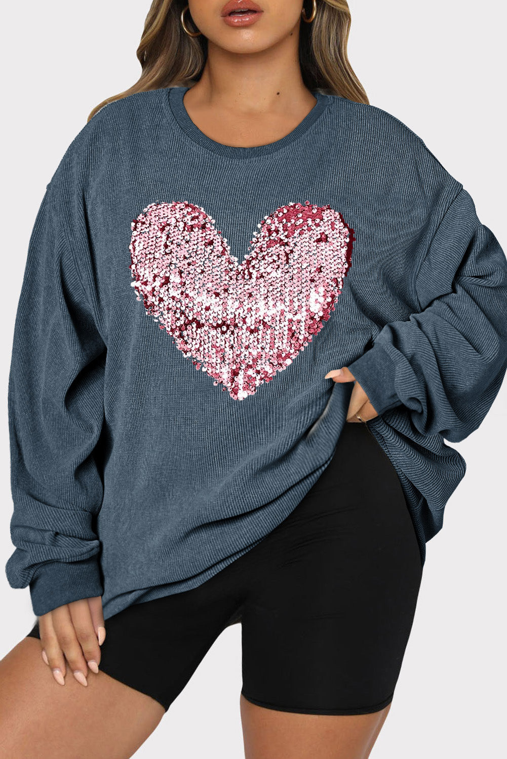 Plus Size Heart Sequin Round Neck Sweatshirt - Little Miss Vanilla