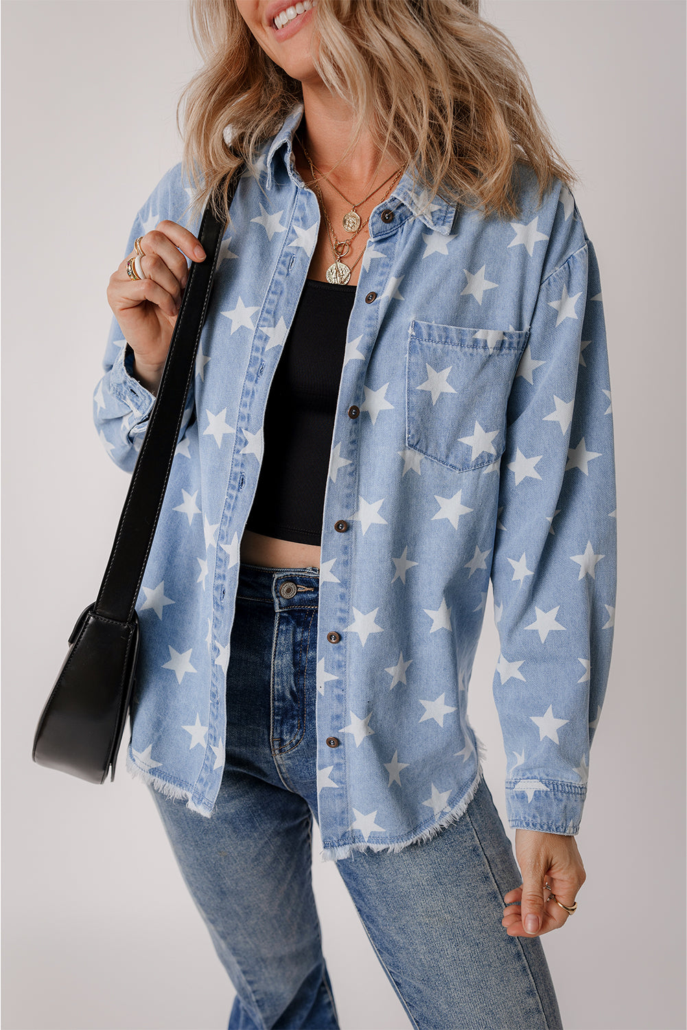 Sky Blue Star Print Light Wash Raw Hem Denim Jacket - Little Miss Vanilla