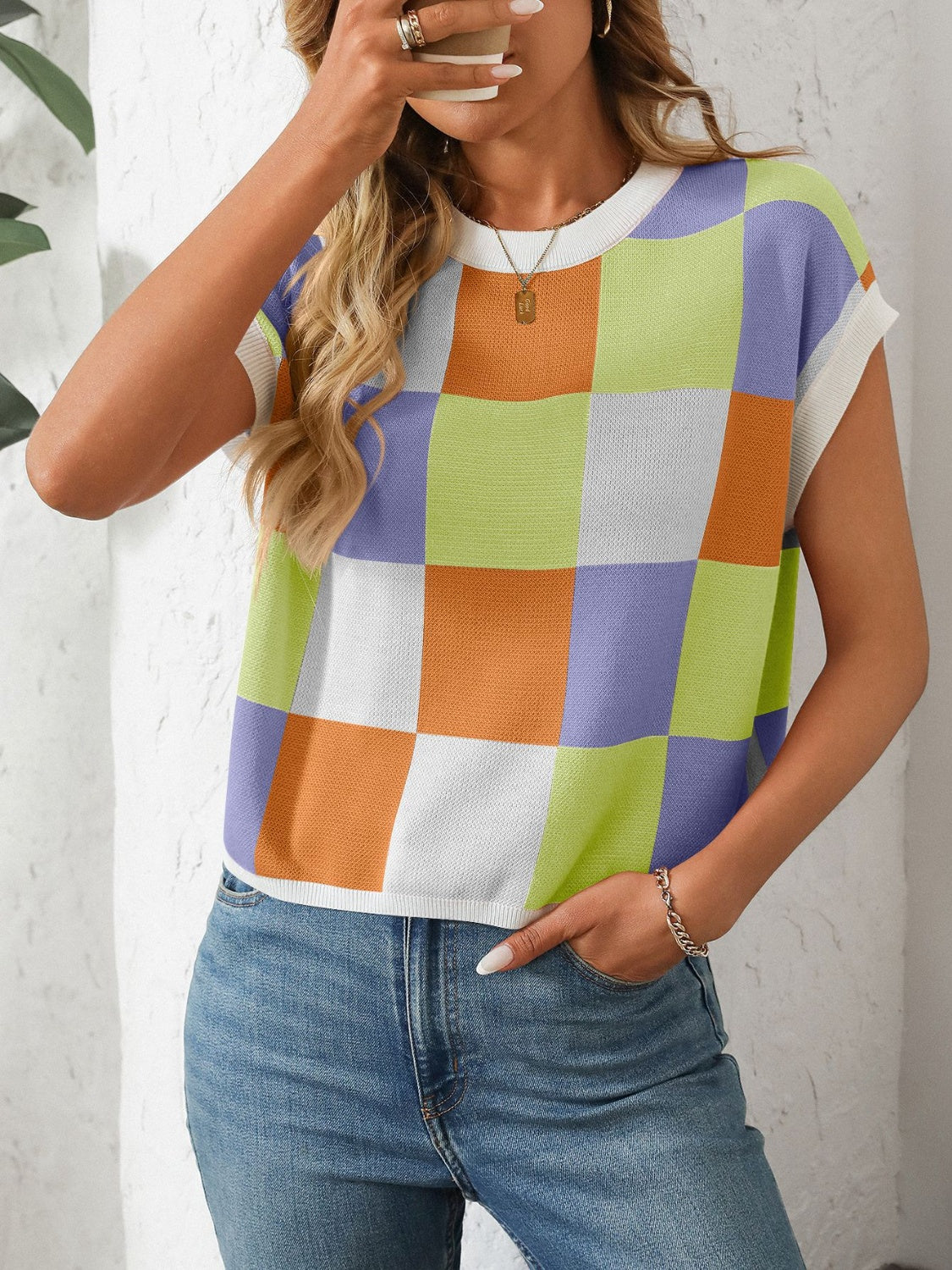 Mandy Checkered Round Neck Cap Sleeve Knit Top - Little Miss Vanilla