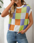 Mandy Checkered Round Neck Cap Sleeve Knit Top - Little Miss Vanilla