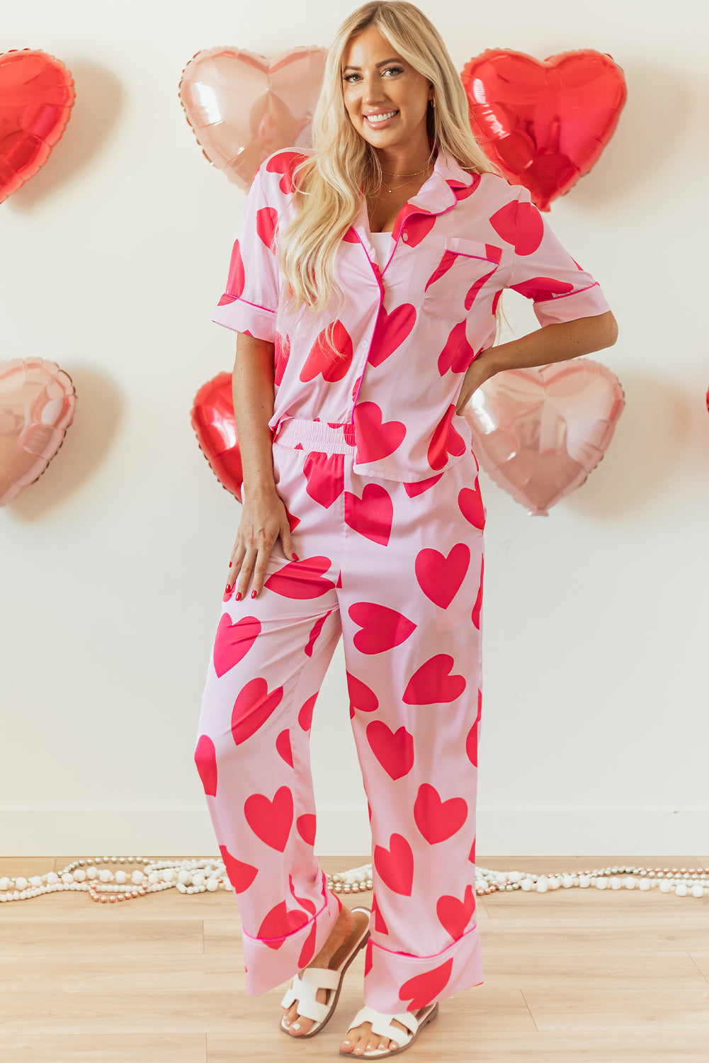 Pink Classic Heart Valentines Short Sleeve Pants Pajamas Set - Little Miss Vanilla