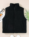 Black Corduroy Stand Neck Zipped Puffer Vest