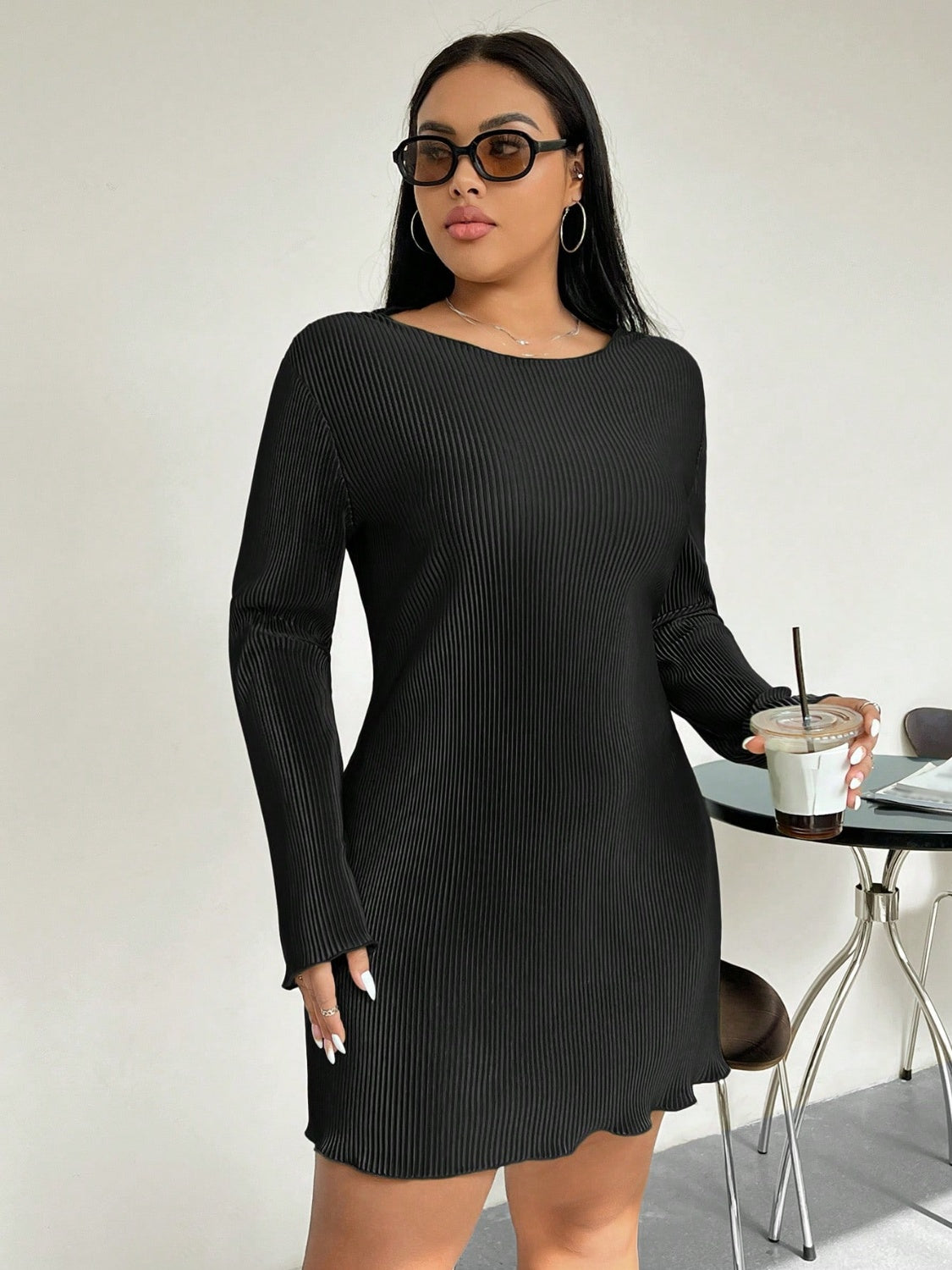 Honey Plus Size Lettuce Hem Round Neck Long Sleeve Dress - Little Miss Vanilla