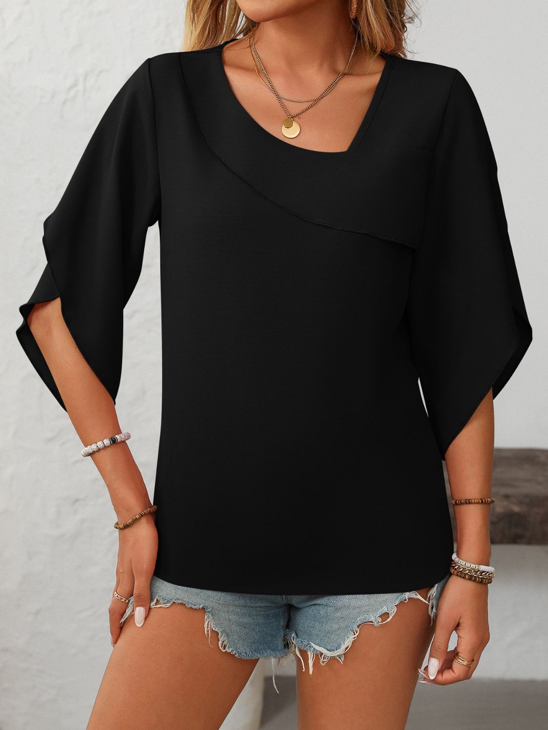 Mandy Ruffled Asymmetrical Neck Half Sleeve Blouse - Little Miss Vanilla