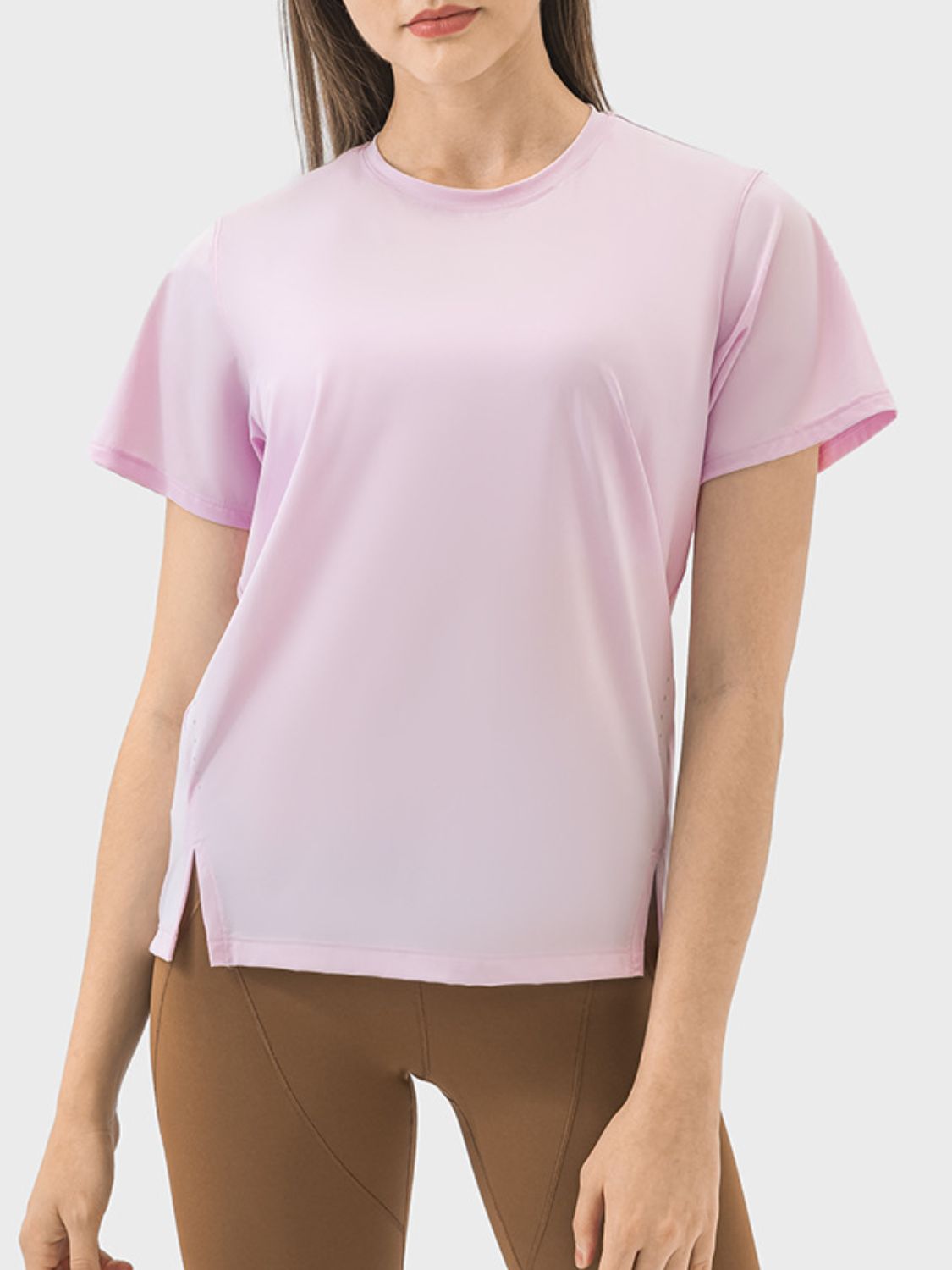 Millennia Slit Round Neck Short Sleeve Active T-Shirt - Little Miss Vanilla