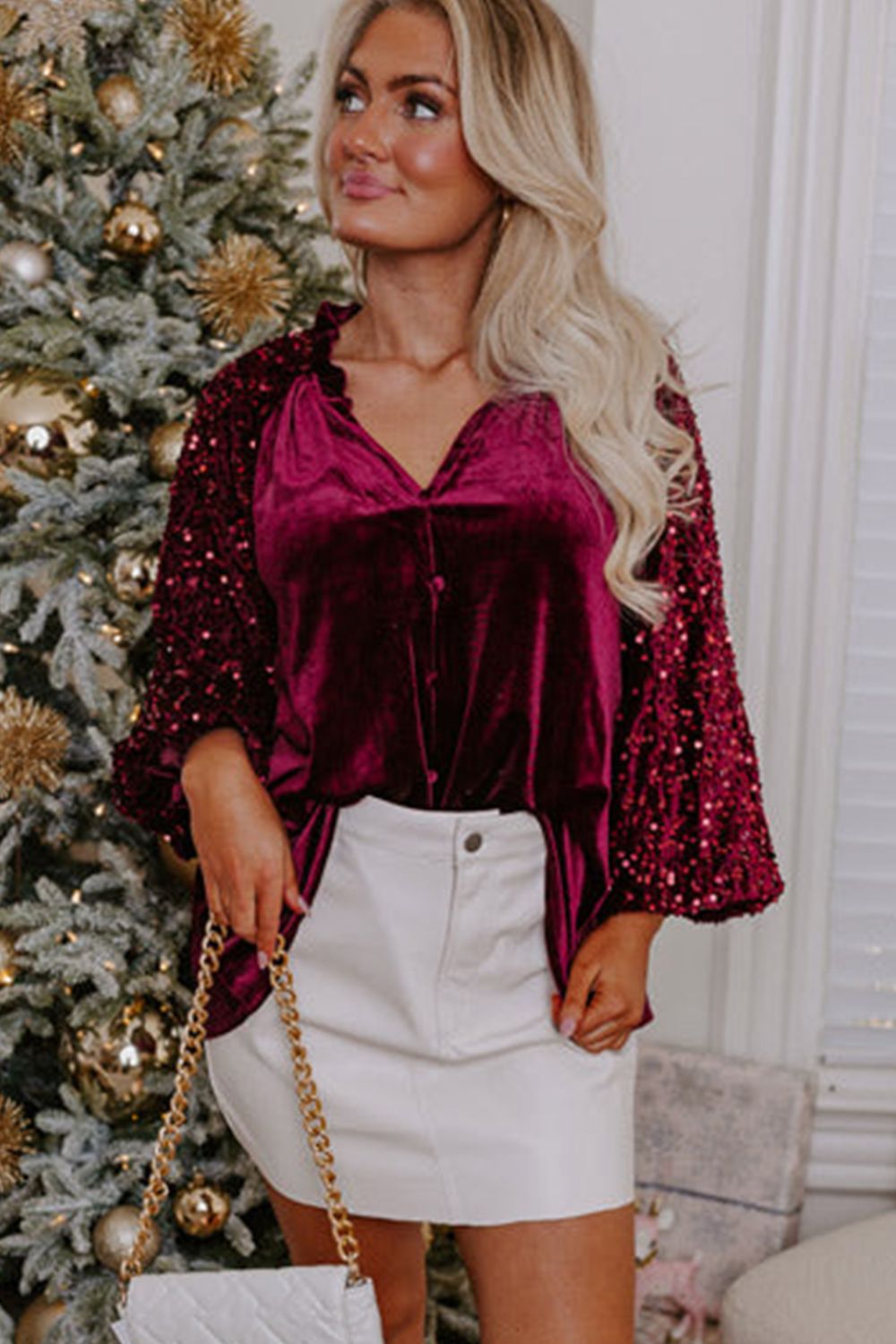 Sequin Notched Long Sleeve Blouse - Little Miss Vanilla