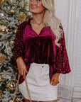 Sequin Notched Long Sleeve Blouse - Little Miss Vanilla